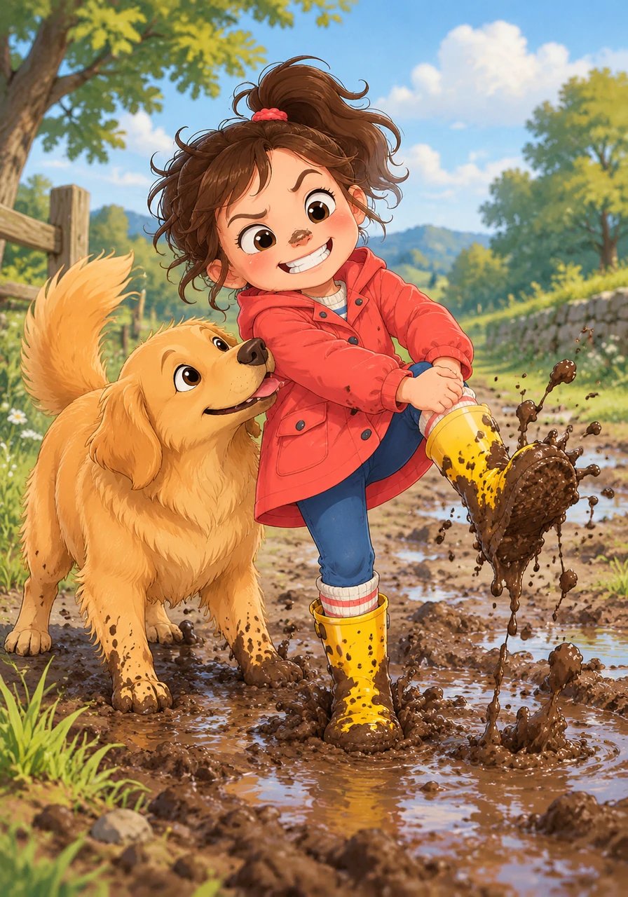 Barnaby gently nudged Lily's coat while Lily pulled on her knee with all her might. POP! The left boot snapped out of the mud with a delightful, loud squelching sound.