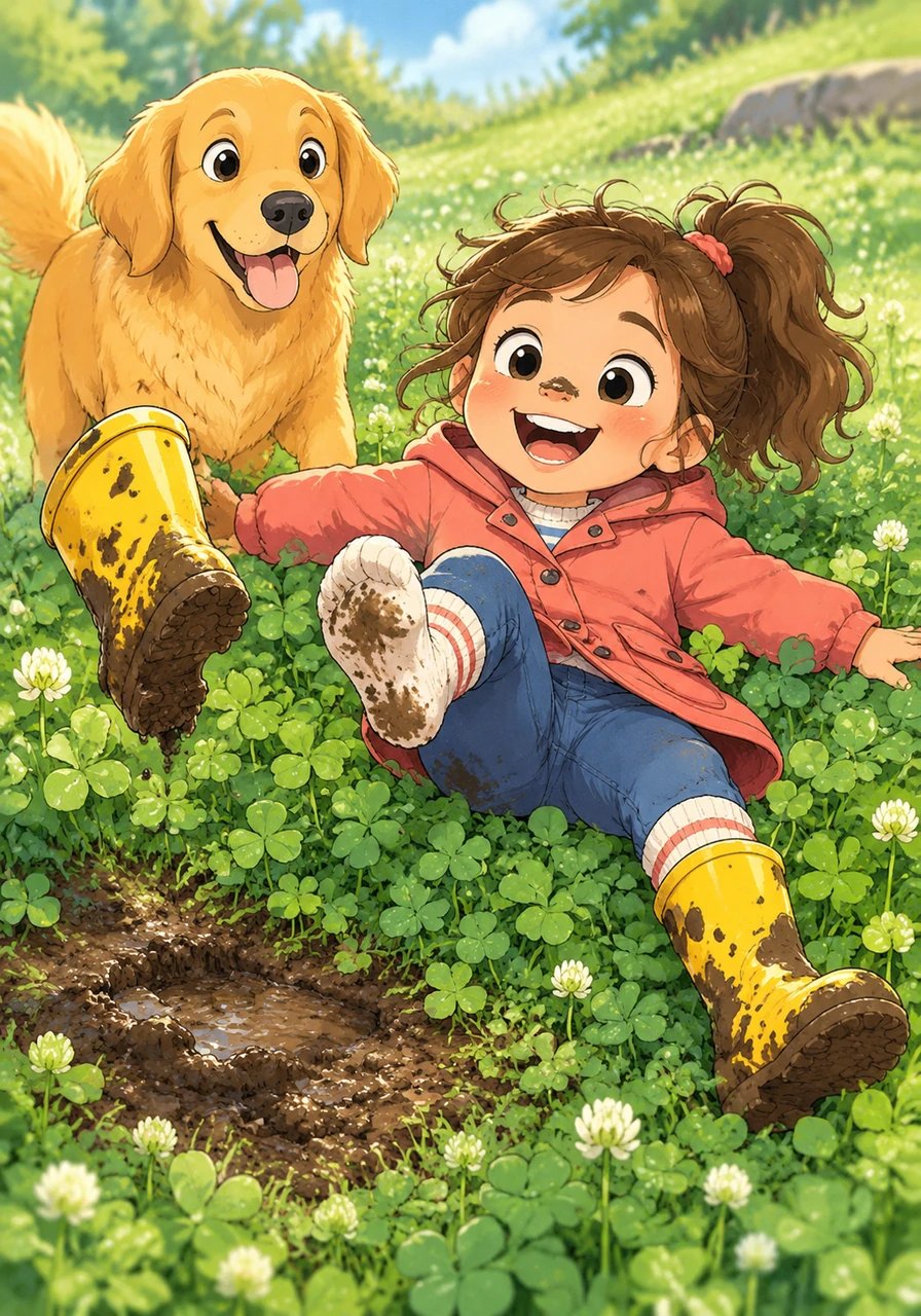 Leaning back with one final heave and a loud chorus of giggles, the right boot burst free from the mire. Lily tumbled backward into a soft patch of damp clover, perfectly safe and sound.