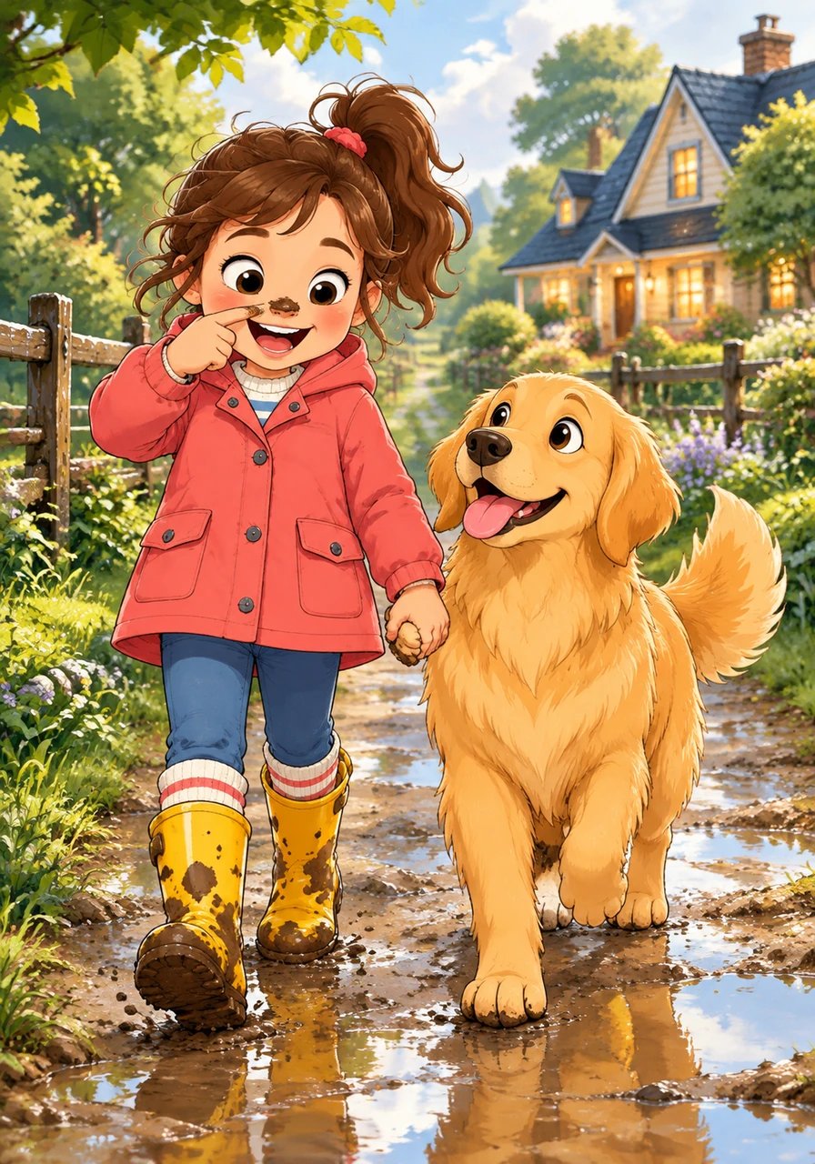 Wiping a spot of mud off her nose, Lily proudly looked at her messy yellow boots. Hand in paw with Barnaby, she marched happily back toward home, eager for hot cocoa after a glorious rainy day adventure.
