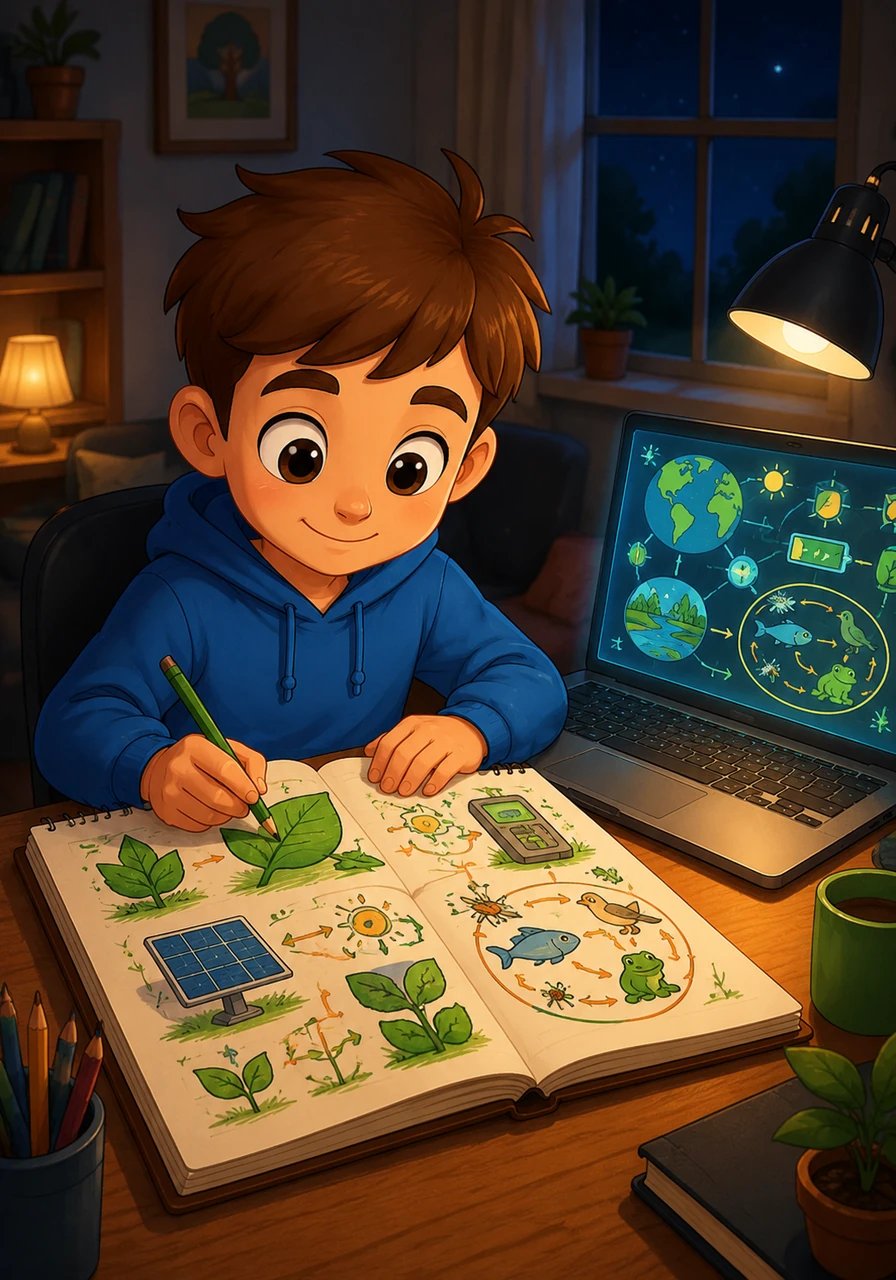 Later that evening, Leo opened his laptop and began sketching out the framework for a new interactive tablet application called Smart Ecology. He envisioned glowing digital maps, animated energy cycles, and dynamic food webs that responded to a student's touch. His notebook quickly filled with vibrant diagrams of green leaves, solar panels, and digital meters.