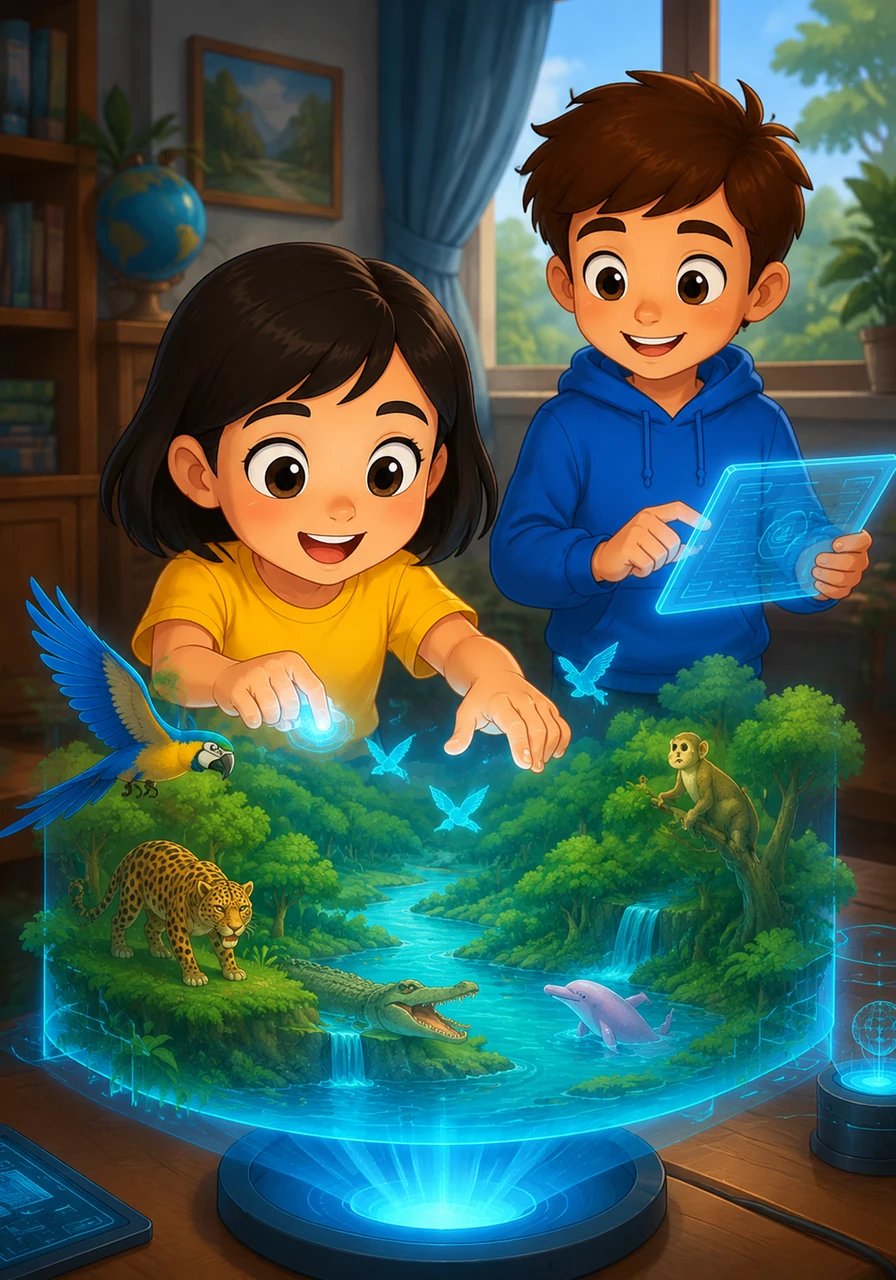 The next day, Leo invited his classmate Maya over to test out the early prototype of Smart Ecology. Maya gasped in wonder as she used her fingers to navigate through a virtual Amazon rainforest, discovering hidden species along the way. Her enthusiastic suggestions helped Leo refine the controls and make the interface even more intuitive.