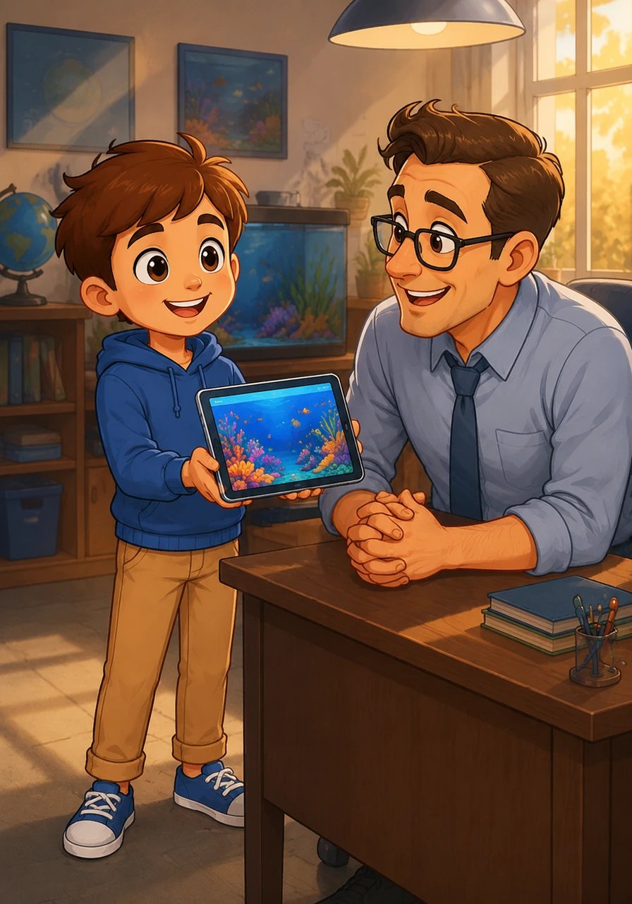 With the prototype complete, Leo nervously brought his tablet to Mr. Davis, his science teacher, after school. Mr. Davis tapped through the pages, his eyes widening as he adjusted temperature sliders in a simulated ocean habitat to see real-time coral reef changes. He looked up with a proud smile, instantly recognizing the power of Leo's creation.