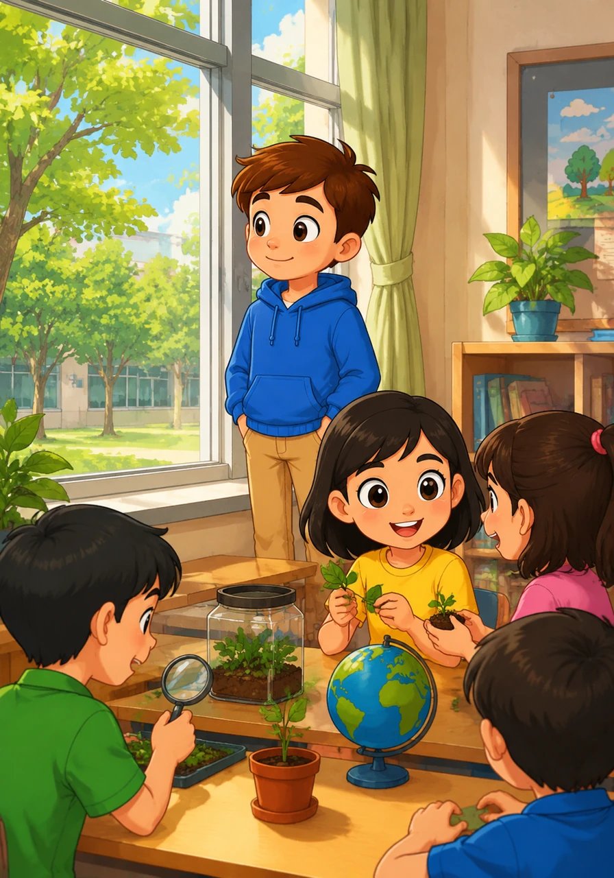 Leo stood near the classroom window, watching his classmates joyfully share their ecological discoveries with one another. Outside, a gentle breeze rustled the leaves of the school courtyard, echoing the fresh enthusiasm inside the room. Leo knew this was just the beginning of using smart technology to protect and nurture the natural world.