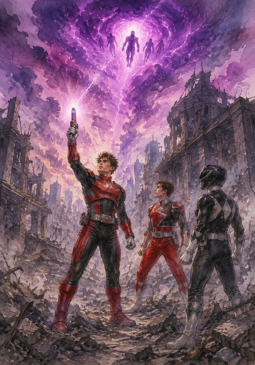 A fractured sky bleeds neon purple over a desolate city square, signaling the arrival of Venjix's new elite vanguard. Standing in the rubble, Scott Truman steps forward, raising his Shift Tracker with absolute determination as the sky crackles with dark lightning.