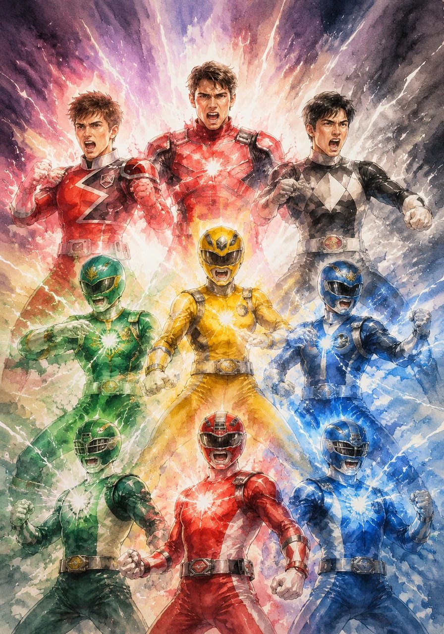 With a synchronized roar of morphing phrases, the legendary heroes activate their powers in a blinding flash of colored energy. The iconic suits of the Mighty Morphin Black Ranger, SPD Red, Mystic Force Green, Dino Thunder Yellow, and Ninja Storm Blue materialize alongside the RPM strike team.