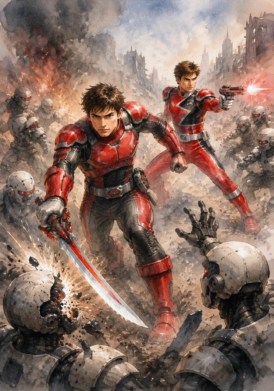 Scott and Bridge charge into the first wave of robotic foot soldiers, their red armor gleaming under the smoky atmosphere. Scott slices through the vanguard with his Street Saber while Bridge uses his SPD Delta Blaster to provide flawless cover fire from behind.