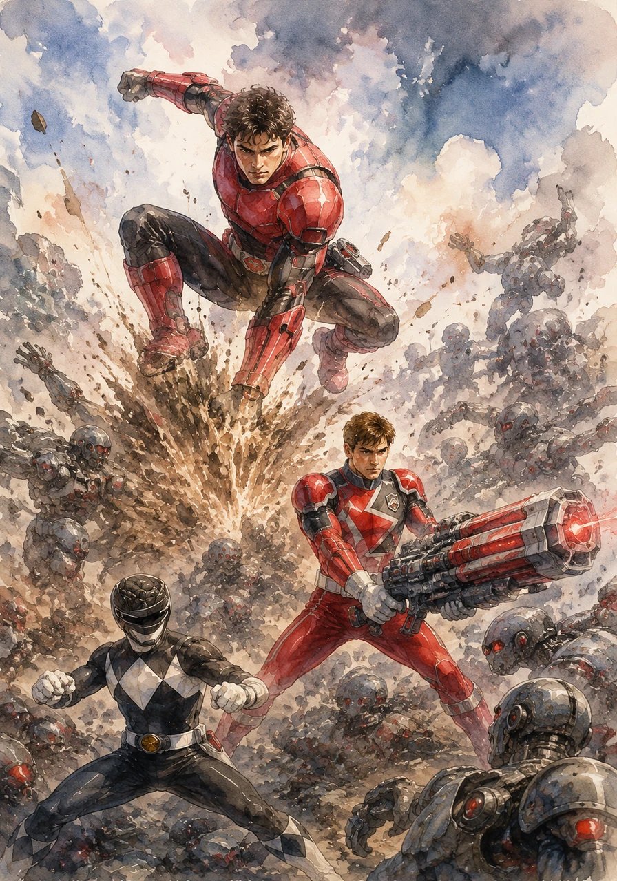 Adam and Flynn hold the eastern perimeter against a horde of mechanical drones. Adam leaps through the air with the agility of the Mastodon, channeling ancient strength to smash the ground, while Flynn heavy-lifts an RPM Road Blaster to clear the remaining line.