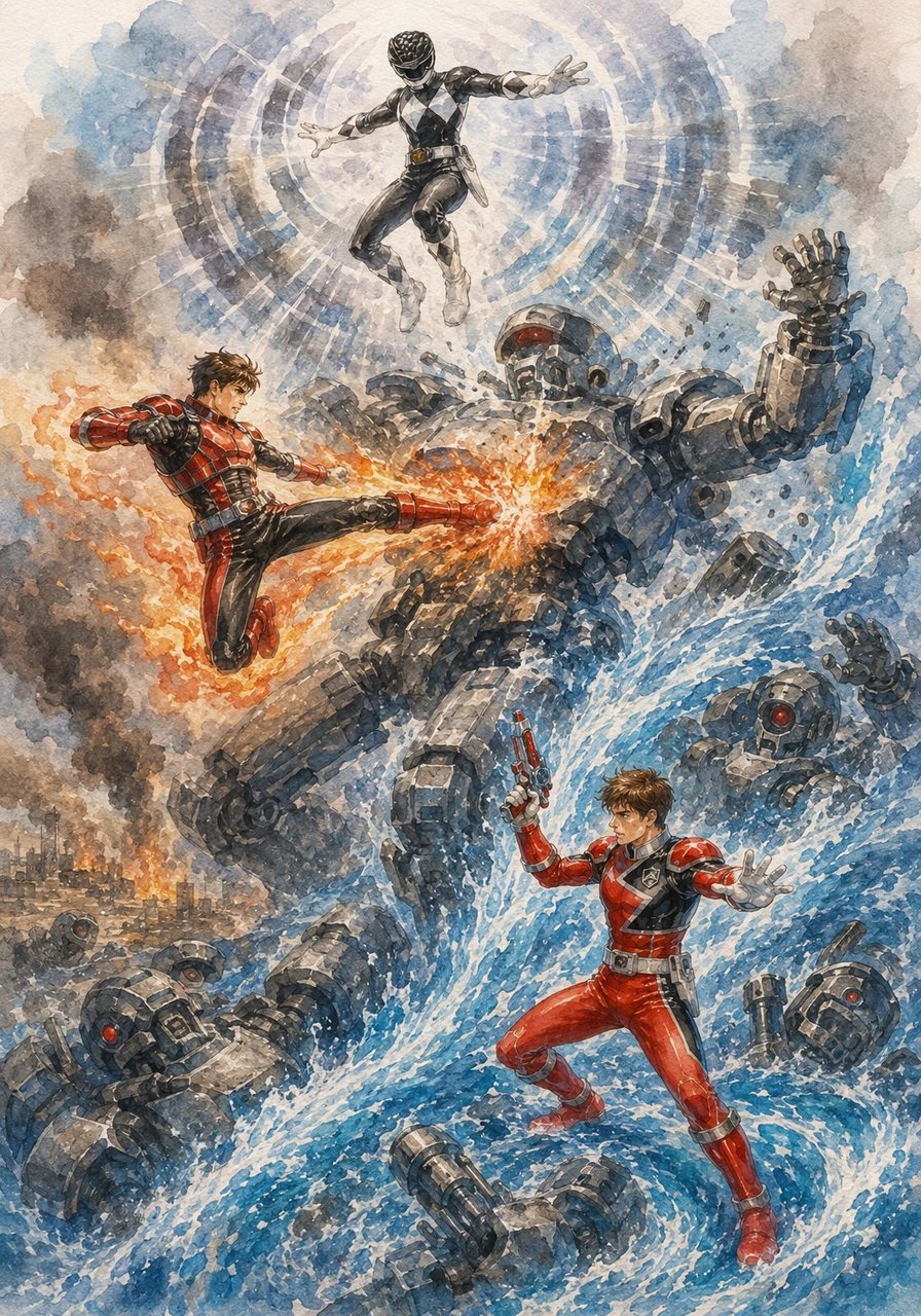 High above the battlefield, Summer, Kira, and Tori form a lethal aerial and elemental trio. Kira unleashes a sonic Ptera Scream that dazes the giant mechanoids, allowing Tori to manipulate a rushing torrent of water while Summer delivers a blazing aerial kick.