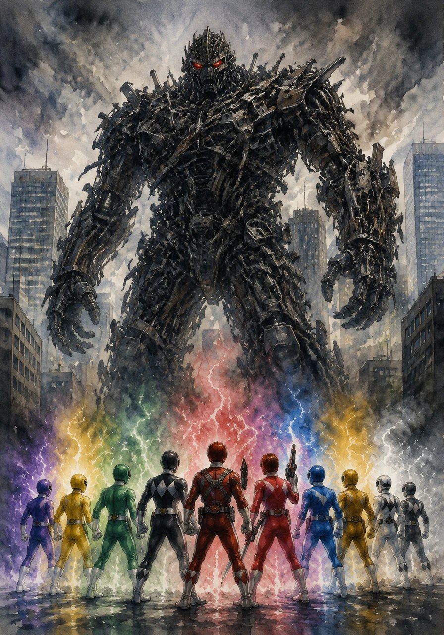 The enemy commander combines the fallen scrap metal to transform into a towering, obsidian behemoth that looms over the skyscrapers. The eleven Rangers stand shoulder-to-shoulder, looking up at the titan as their individual energies begin to resonate as one.