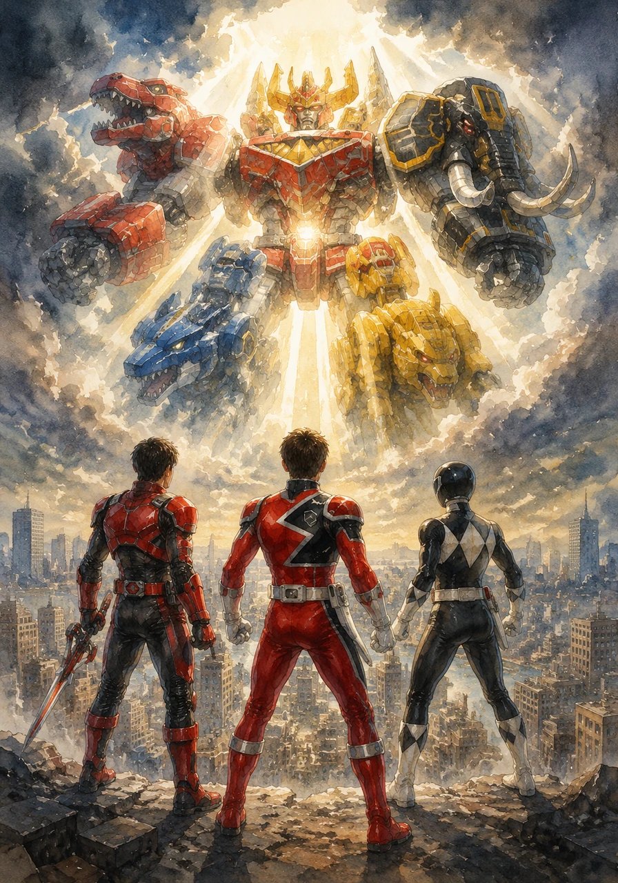 The sky opens up as the mighty Megazords descend from the clouds, linking their mechanical systems into a brand-new, multi-era configuration. The sheer power of the combined grid illuminates the entire city, pushing back the dark clouds.
