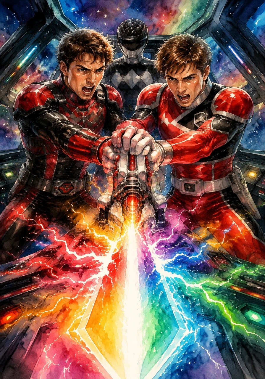 Inside the joint cockpit, Scott and Adam lock hands on the primary control lever, channeling the ancient Morphin Grid and the RPM engine power simultaneously. Every Ranger shouts together as a massive energy saber ignites, crackling with rainbow-colored lightning.