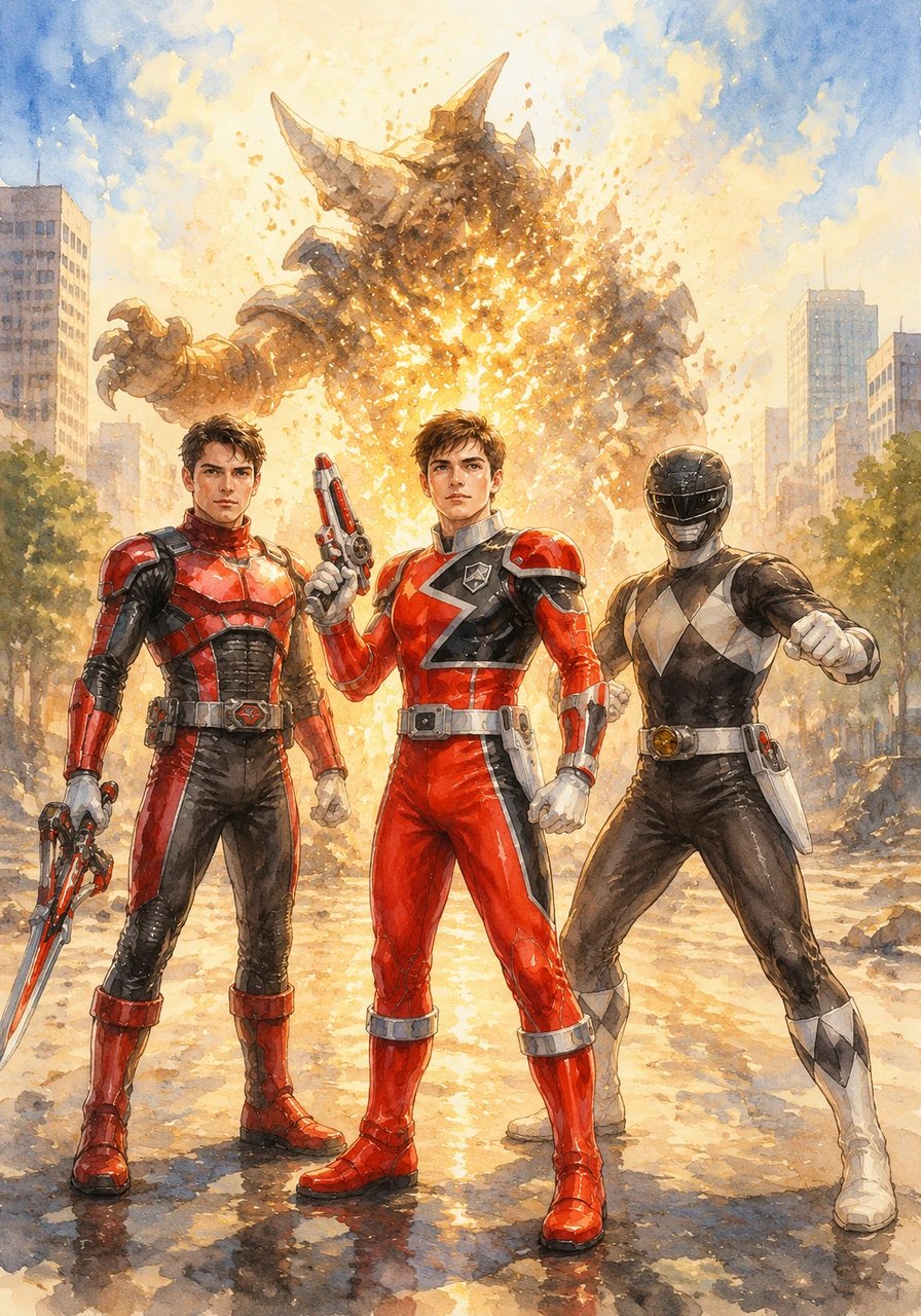 With one final, decisive slash, the giant monster explodes into a spectacular display of harmless golden sparks, restoring peace to the city. The Rangers demorph and stand together in the sunlight, celebrating a victory born from a legendary alliance.