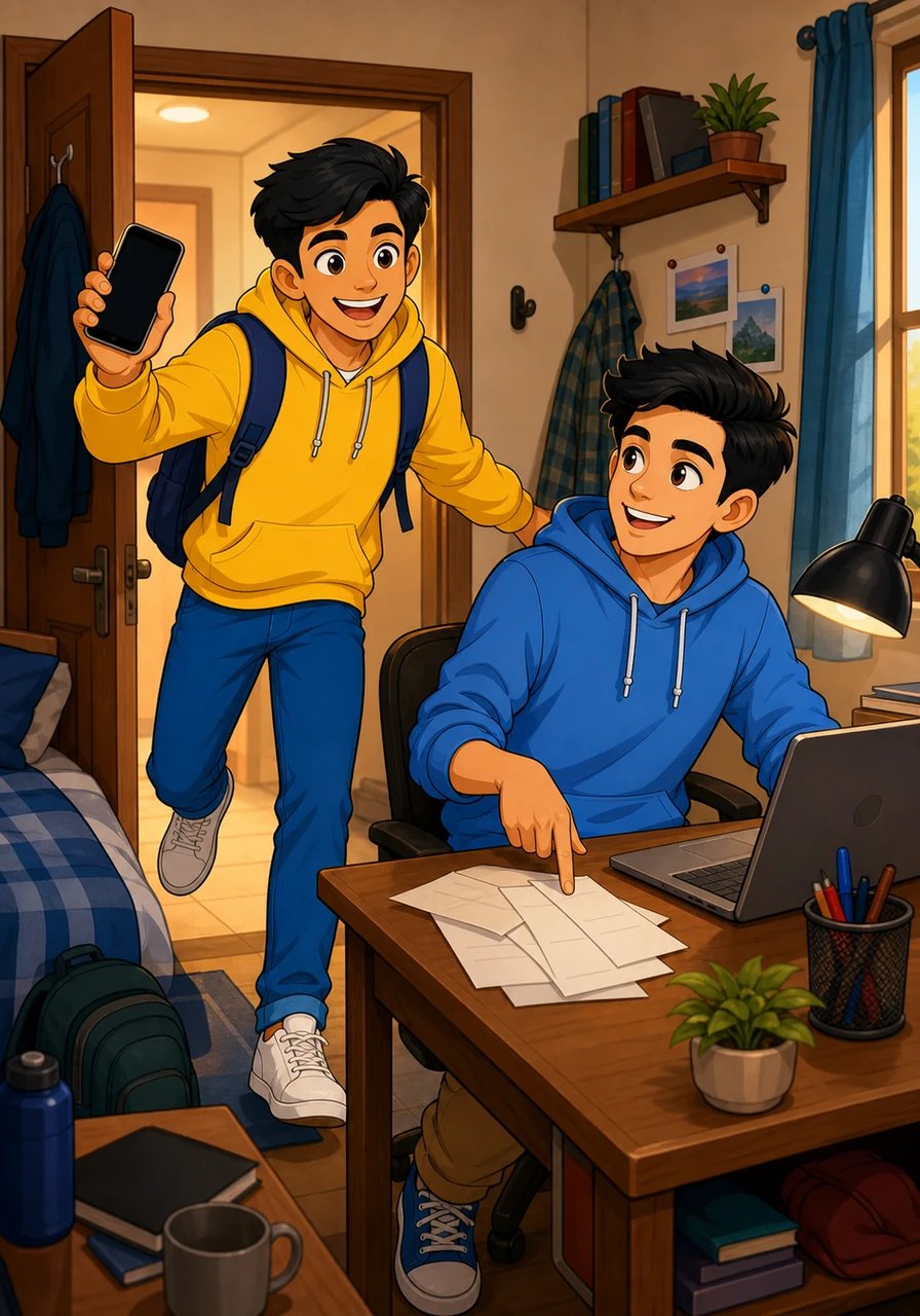 Karan bursts into the cozy hostel room, excitedly waving his phone to tell his roommate Aryan that tickets for the big college music concert are finally on sale. Aryan, working on his laptop at his desk, smiles at Karan's enthusiasm but reminds him that urgent utility bills need their attention first.