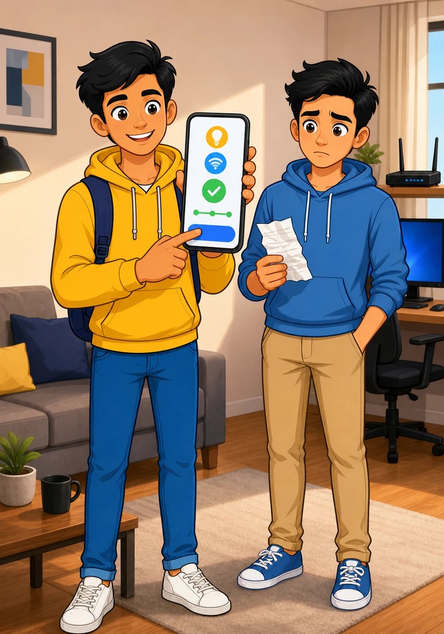 Waving off Karan's reluctance, Aryan pulls out his smartphone and opens the app to clear their overdue electricity and Wi-Fi bills. In just a few quick taps, the payments are processed seamlessly, demonstrating the ease and convenience of digital financial management.