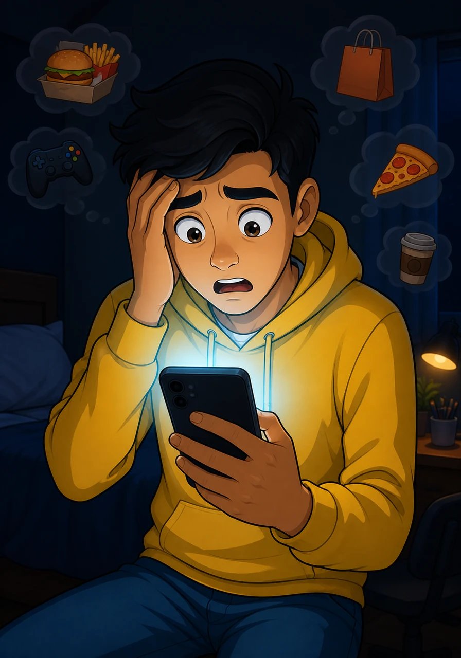 Shocked and confused, Karan scrolls through his recent digital transaction log to see where all his money went over the past month. He discovers a long trail of impulsive small purchases—late-night food delivery, online gaming credits, and unnecessary shopping—that secretly drained his bank account.