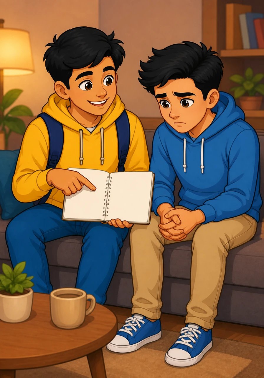 Noticing his friend's distress, Aryan pulls out a clean notebook and sits beside Karan to break down the fundamentals of smart budgeting. He gently explains how prioritizing essential payments and savings first allows one to enjoy guilt-free entertainment with whatever funds remain.