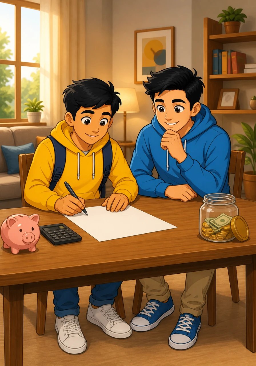 Karan carefully writes down his monthly income alongside fixed expenses like rent and utilities, realizing he needs to actively direct where his money goes instead of wondering where it vanished. Together, the two friends draft a realistic step-by-step financial plan to rebuild Karan's savings.