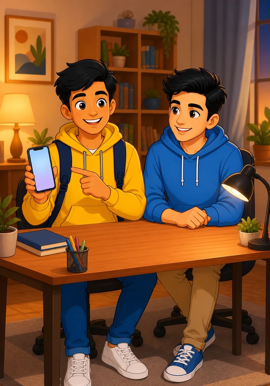 Sitting at his desk, Karan points proudly to his phone screen, showing Aryan how weekly expense checks helped him curb unnecessary impulse buys. Aryan nods approvingly, celebrating how disciplined habits and thoughtful planning completely transformed Karan's financial peace of mind.