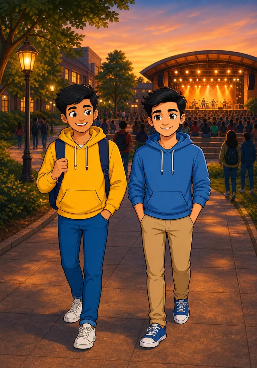 The warm evening light glows as Karan and Aryan stroll together toward the buzzing college amphitheater for the long-awaited music concert. Karan feels a deep sense of relief knowing he stayed within budget, cleared all his responsibilities, and still saved enough cash to enjoy the event.