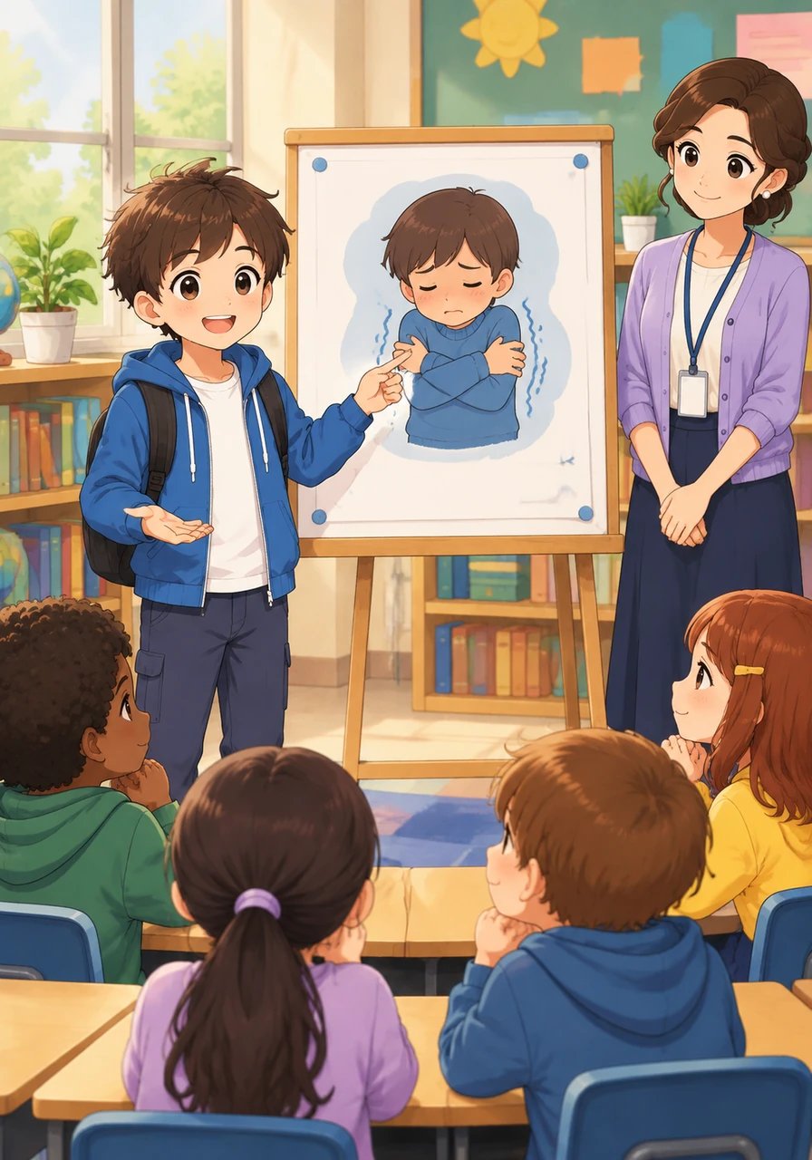 Jayden then flipped to the next poster, which showed a child hugging their arms with shivering hands. And when we feel scared or nervous, our hands might feel freezing cold, or our heart might beat extra fast, he explained. The students in Mrs. Vargas's class nodded thoughtfully, recognizing those exact physical sensations in themselves.
