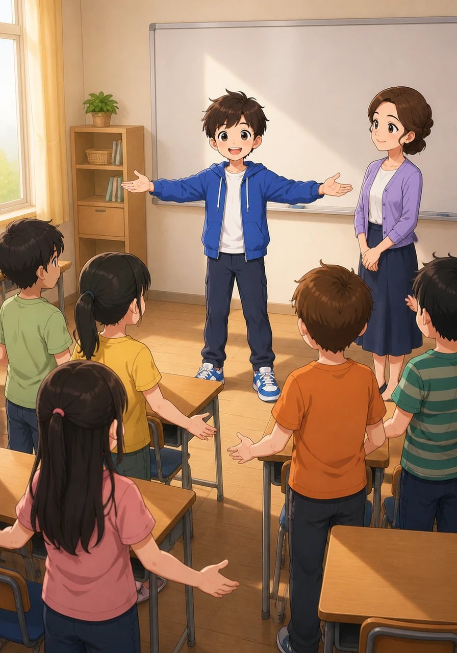 To show everyone how to calm those big physical reactions, Jayden asked his classmates to stand up. When your body feels overwhelmed by anger or fear, you can use your breath like a superpower to reset, Jayden shared. He raised his hands slowly like an expanding balloon to demonstrate taking a deep, slow breath in through the nose.