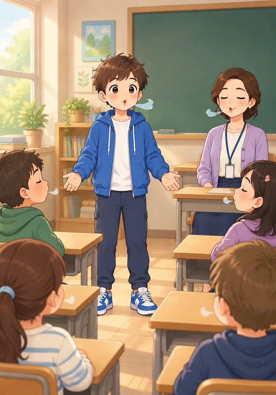 Now hold your breath for three seconds, and gently blow out through your mouth like you are blowing out birthday candles, Jayden guided. The entire classroom filled with the soft, soothing sound of unified exhales. Everyone's tense shoulders relaxed, and warm smiles started appearing across the room.
