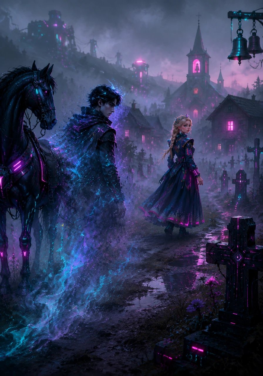 They reach the edge of their native village just as the church bells begin to toll, and Kostandin tells his sister to go ahead to their mother's house while he rests his horse. In the blink of an eye, he vanishes into the morning mist near the graveyard, returning to his eternal slumber.