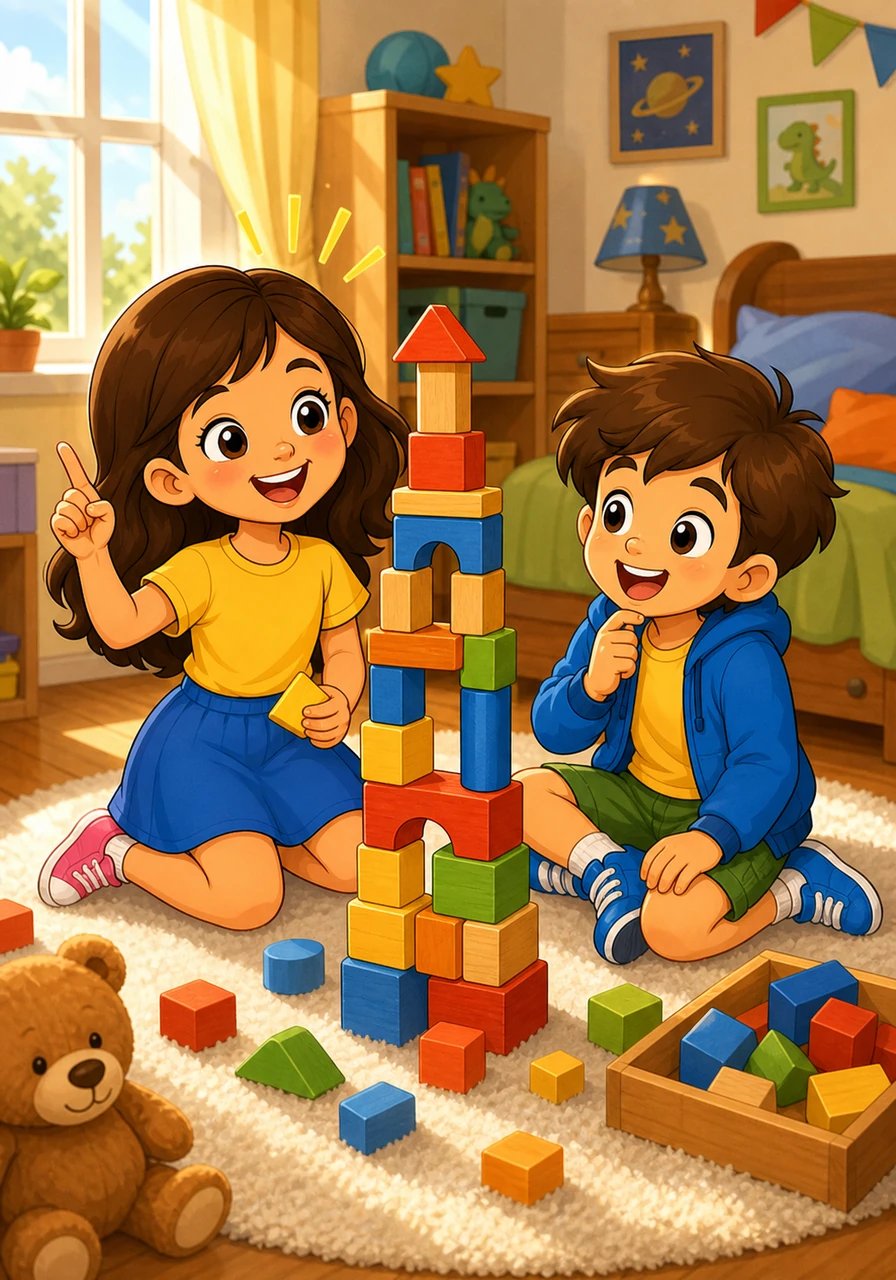 Mia and Leo are playing in their sunny bedroom, building a tall block tower. Mia has a great idea and says, "Let's go on a hunt for all the numbers!" They start by looking for number one right inside their home.