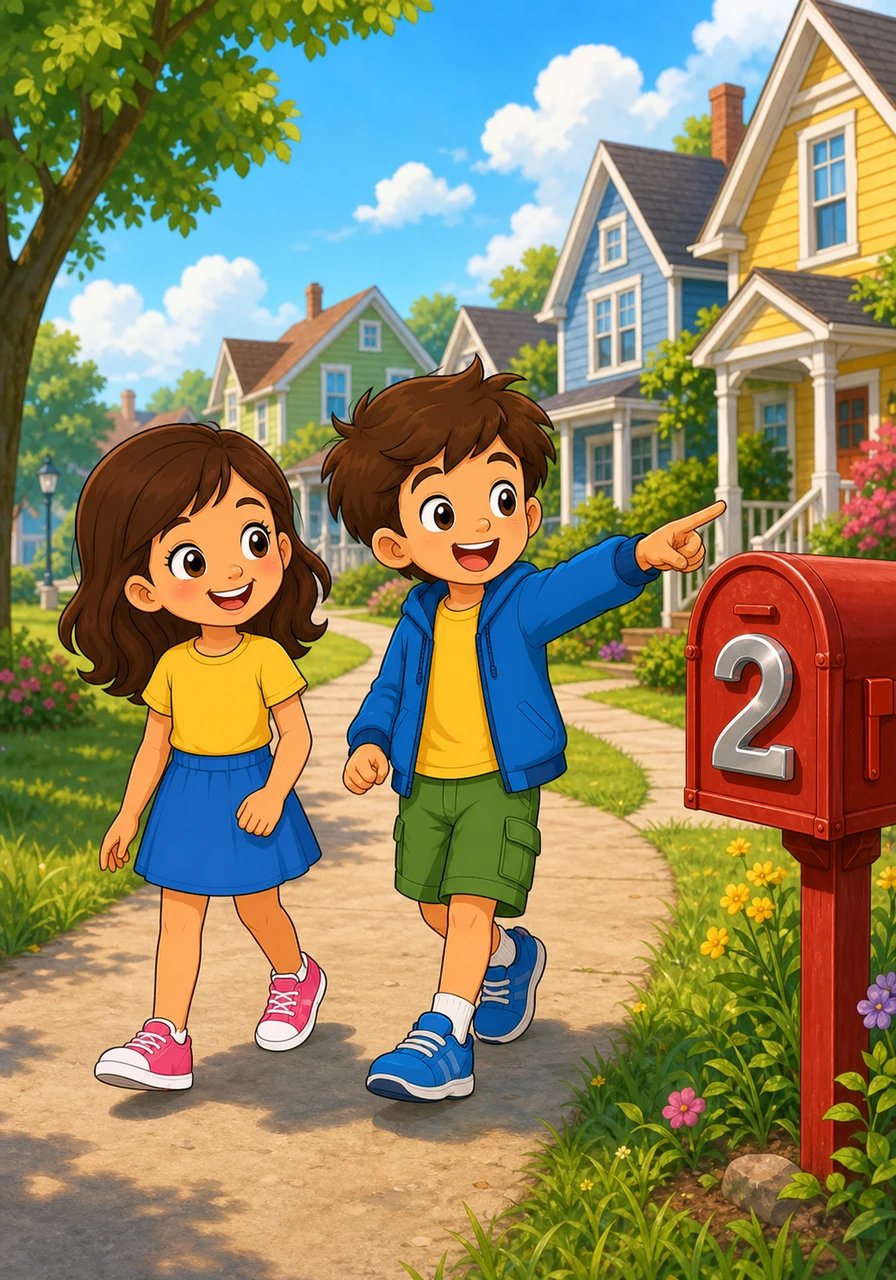 Outside, they walk down the path past brightly colored houses. "Look!" shouts Leo, pointing with excitement. Right on a red mailbox, the shiny silver number two is waiting.