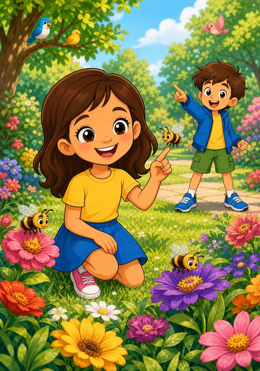 In the park, flowers are blooming and birds are singing. A fuzzy bee zooms by, then another, and another. Mia smiles as she counts three happy bees collecting sweet nectar.