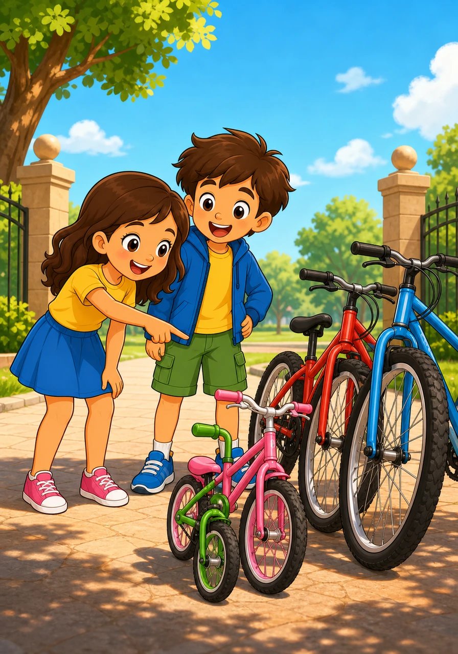 The children reach the park entrance, where bicycles are lined up. Mia counts the wheels on two big bikes and two smaller ones. "Four wheels ready to roll!" she cheers.