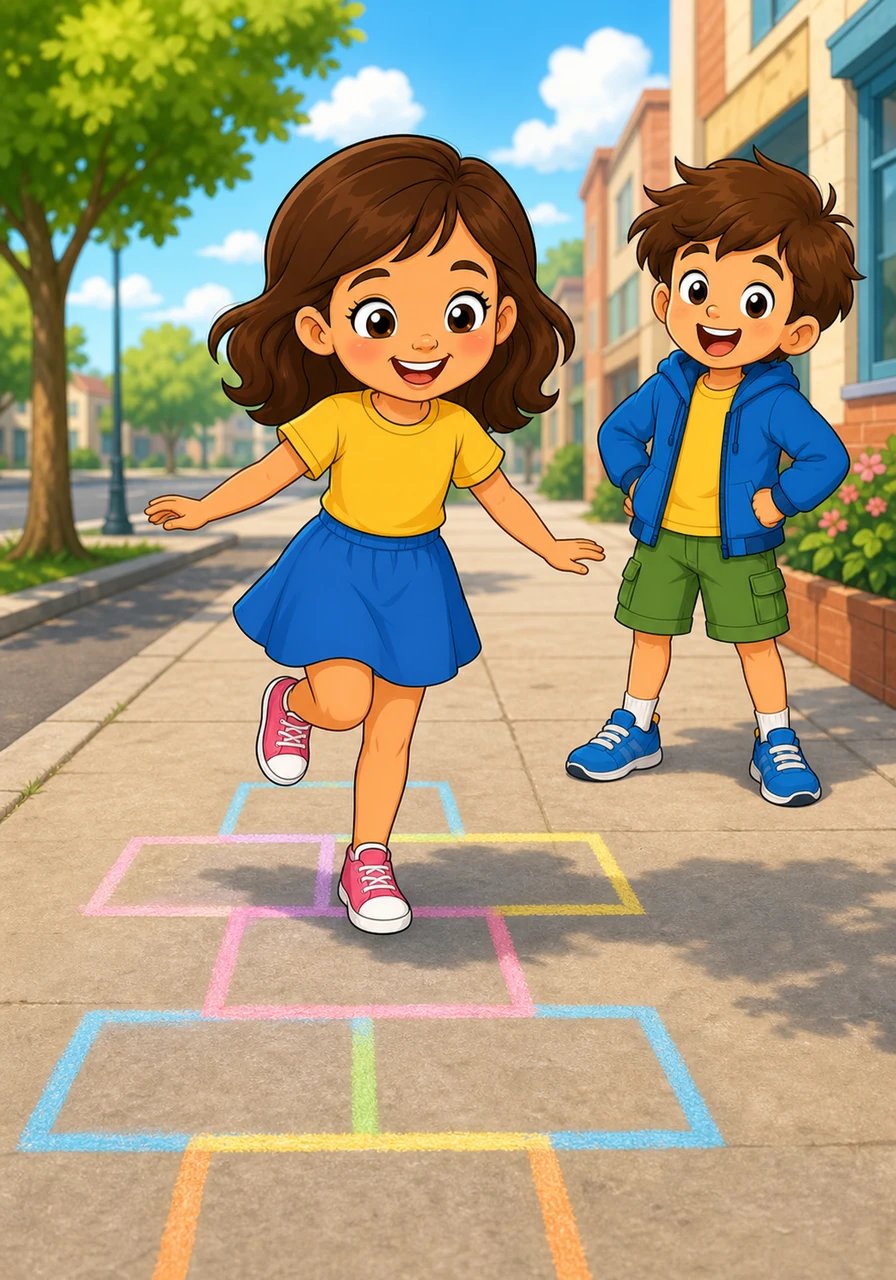 On the sidewalk, there is a large, colorful hopscotch grid drawn in chalk. Mia hops carefully, calling out each number, until she lands right on the numeral five.