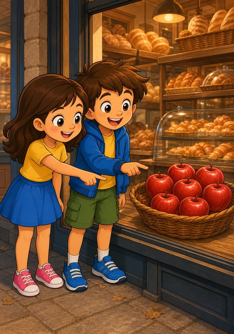 They walk past a bakery smelling of fresh bread and pastries. Looking through the clean window, they spot a basket overflowing with apples. Together, they count six shiny red apples.