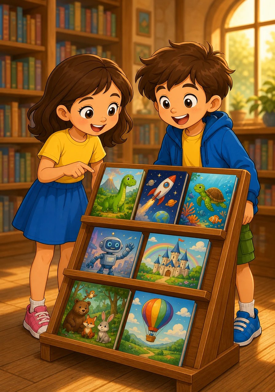 Next, they visit the library, a quiet place full of stories. On a shelf, seven picture books are displayed, with bright covers inviting them to read.