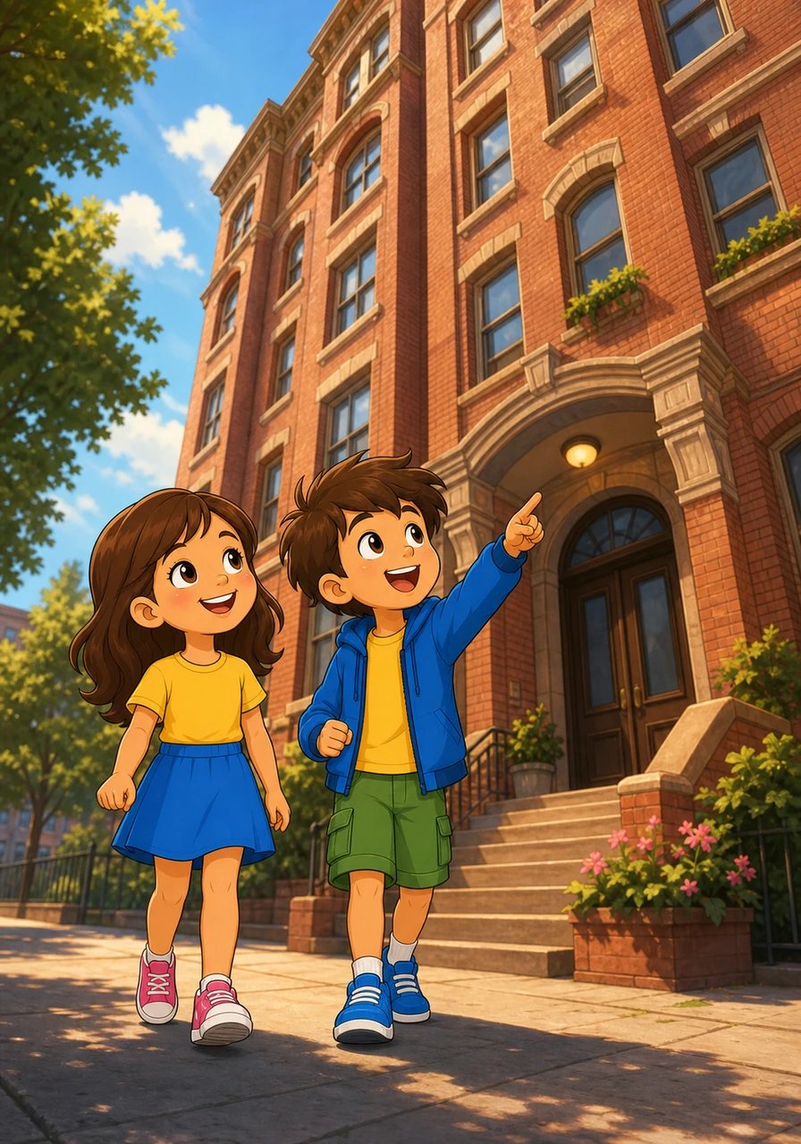 Walking towards a large brick apartment building, they look closely at the entrance doors. On the very top floor, the number eight is neatly painted in gold.