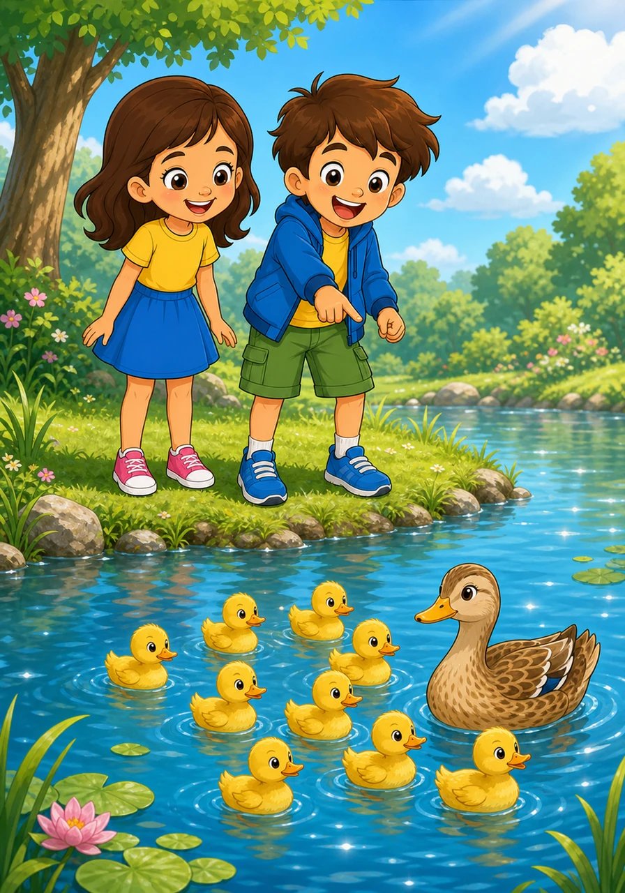 In the distance, they hear quacking near a small, shimmering pond. A mother duck swims with her ducklings, and Leo carefully counts nine little ducks paddling together.