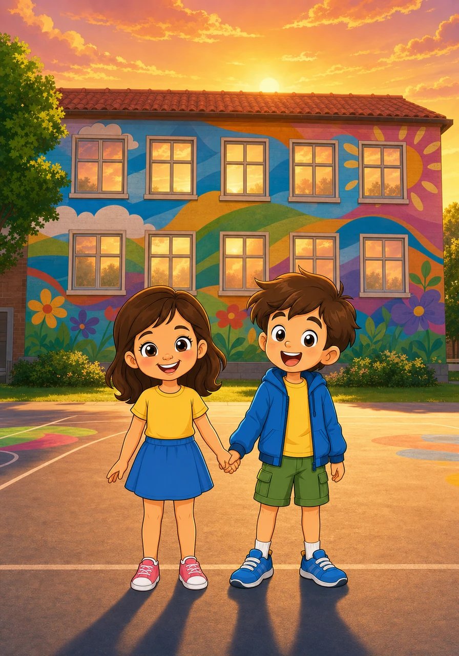 As the sun begins to set, they reach the local school. They notice a large wall with a big mural and many windows, counting ten large windows in total. Mia and Leo hold hands, happy after their great number hunt.