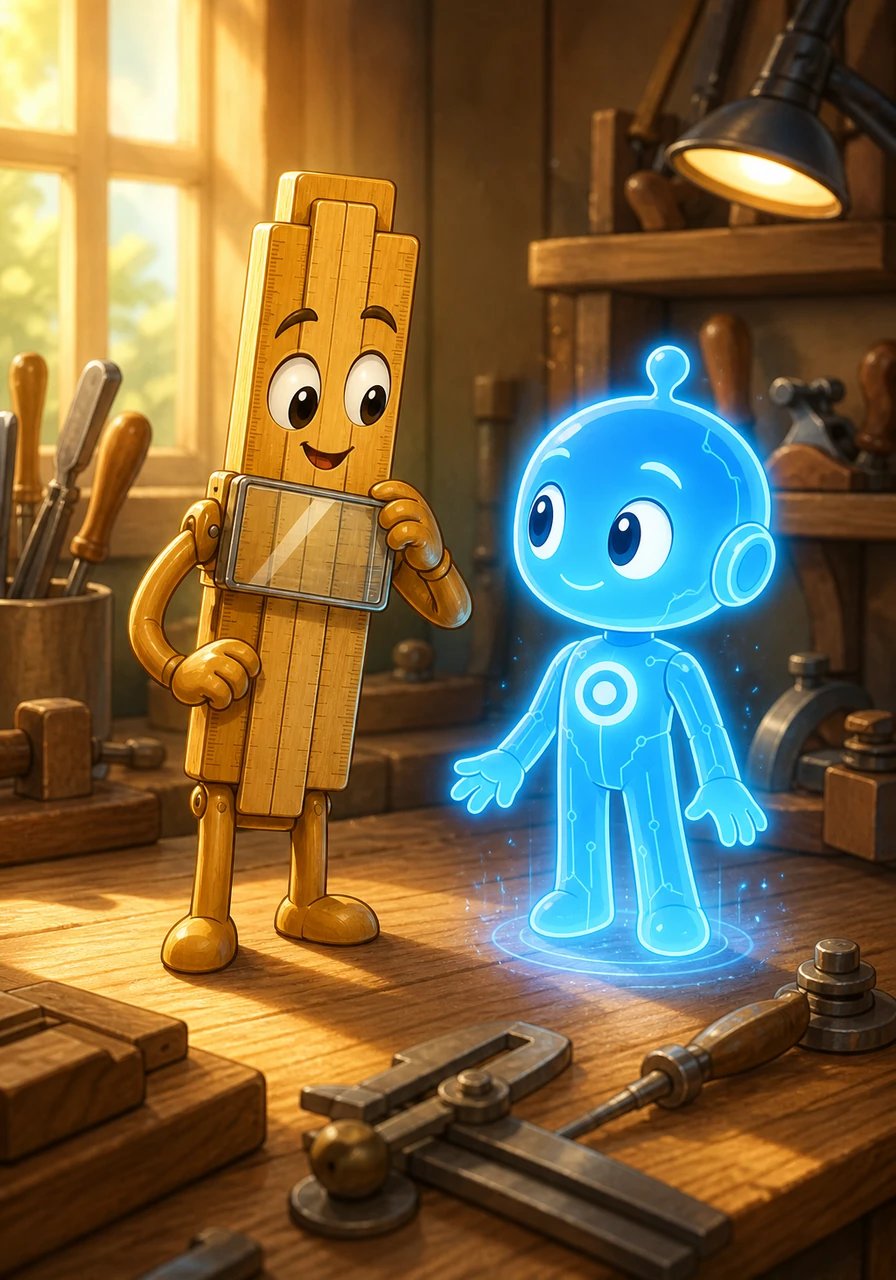 On a sturdy wooden workbench bathed in golden sunlight sits Slider, a sleek vintage slide rule from the golden age of craftsmanship. Suddenly, a glowing digital avatar named Spark materializes beside him with a soft chime. Slider adjusts his cursor frame curiously and greets the shimmering light, eager to learn who this friendly digital newcomer might be.