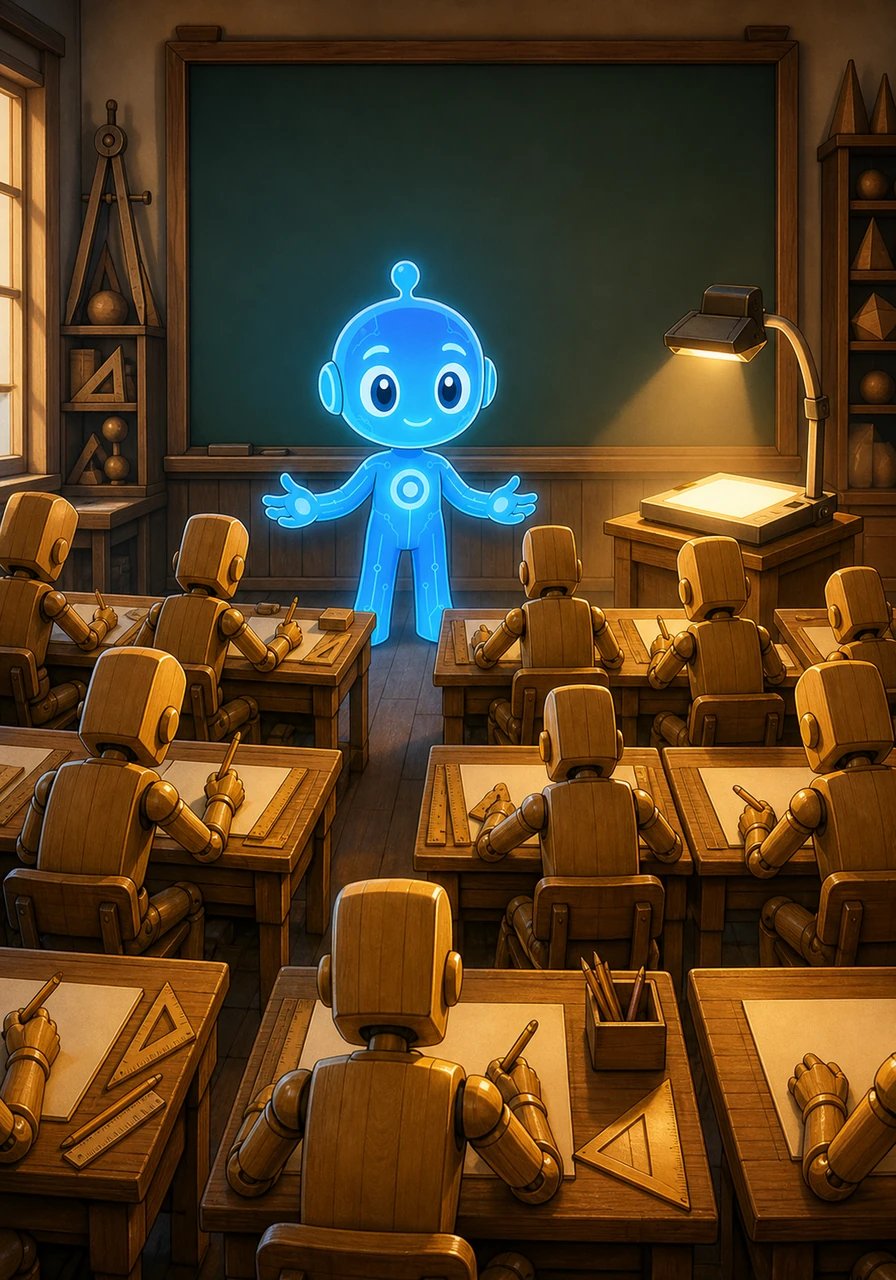 Slider takes a nostalgic look back at a classic training workshop filled with wooden desks, a large chalkboard, and an overhead projector glowing in the corner. The master instructor stands at the front, leading the apprentices through precise, step-by-step calculations with calm authority. In this world, discipline, careful accuracy, and neat mathematical methods form the foundational pillars of learning.