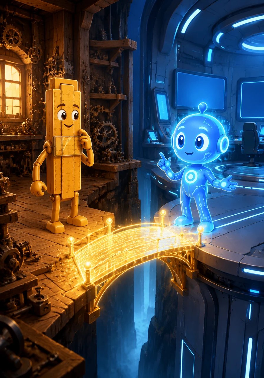 A glowing bridge stretches between the classic workshop and the modern tech lab, connecting the two eras seamlessly. Spark explains that foundational understanding, diligence, and a sense of responsibility are timeless values that never go out of style. Reassured and proud, Slider realizes he is not an obsolete relic, but an enduring symbol of deep conceptual understanding.