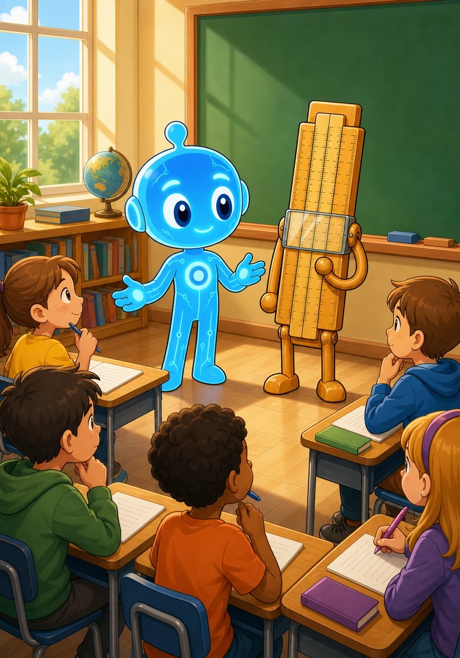 In a brightly lit classroom, attentive students carefully examine text generated by artificial intelligence, marking notes and highlighting questions with their pens. Spark points out that learners must always ask what AI does well, where its limits lie, and how to use it responsibly. Slider nods in agreement, recognizing that one must always think critically before accepting any answer.