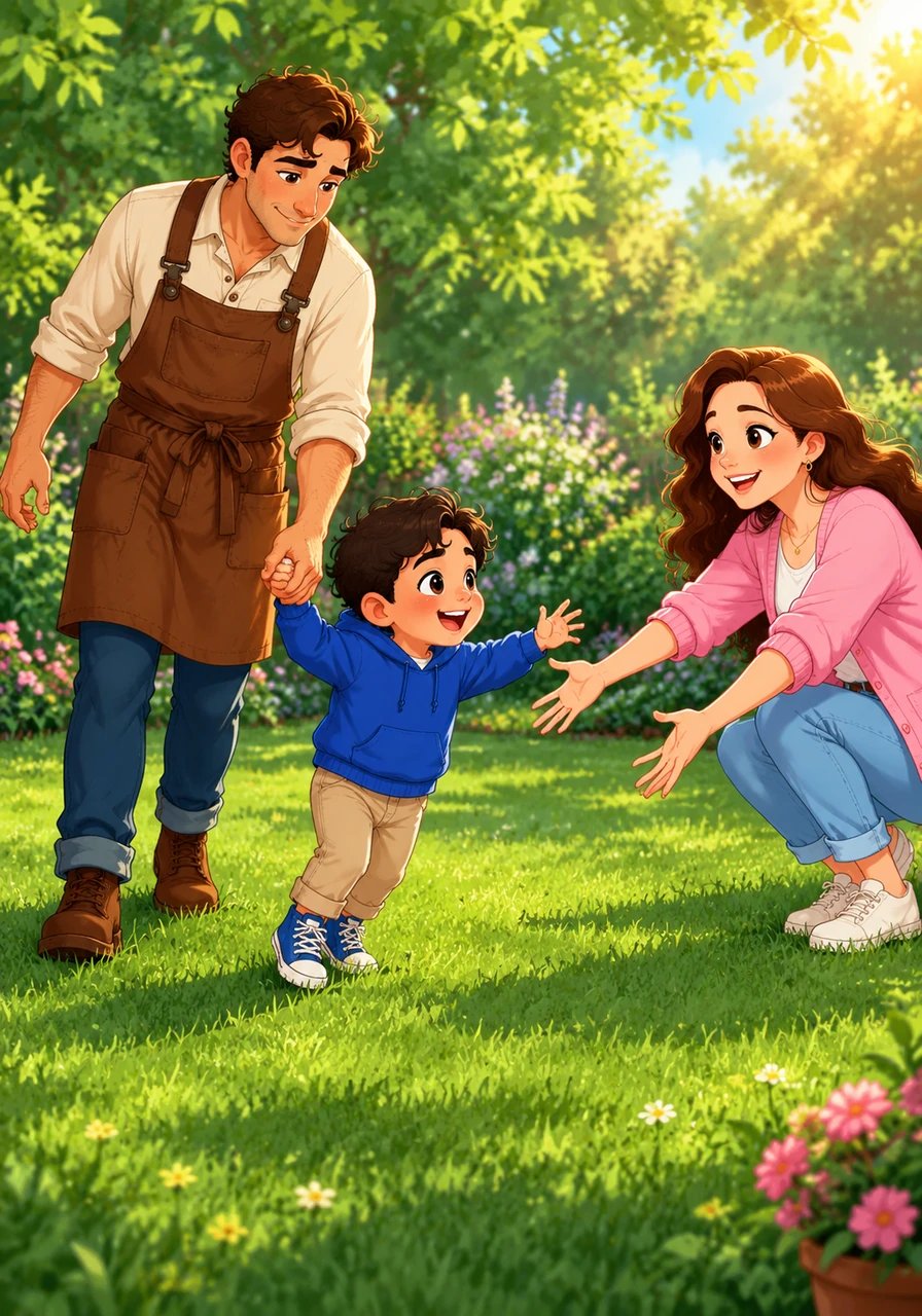 Quelques années plus tard, par une après-midi ensoleillée dans un jardin verdoyant et luxuriant, Léo, maintenant un bambin énergique, s'agrippe fermement à la main de Pierre en faisant ses premiers pas chancelants vers Marie, qui l'attend à bras ouverts et le visage rayonnant de fierté. Ses rires éclatanes et innocents remplissent l'air, alors qu'il explore joyeusement ce nouveau monde.