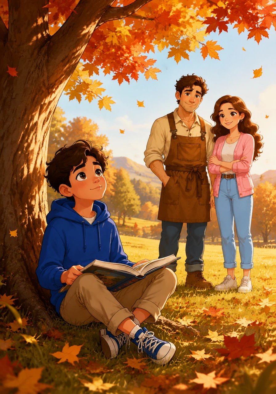 À l'âge d'environ huit ans, curieux et contemplatif, Léo est assis seul sous un grand arbre majestueux dont les feuilles automnales dansent dans le vent, tenant un livre d'images ouvert sur ses genoux mais regardant le ciel avec une expression rêveuse. Il réfléchit à ses origines, se demandant pourquoi sa mère l'a abandonné, tandis que Pierre et Marie l'observent tendrement à distance, respectant ses moments de réflexion.