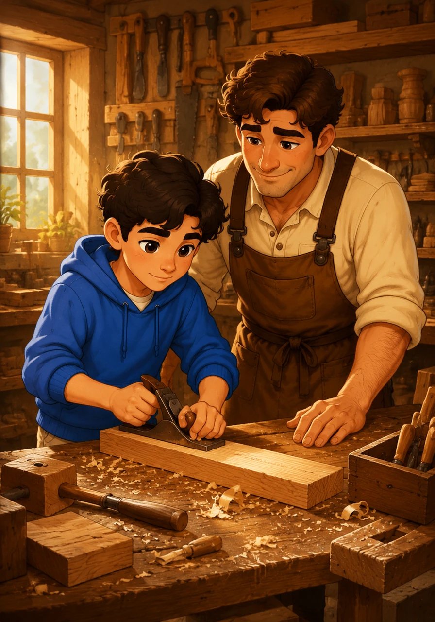 Pierre, un artisan charpentier talentueux et patient, enseigne à Léo adolescent, qui a maintenant treize ans, l'art délicat et précis du travail du bois dans son atelier rempli d'outils et de l'odeur réconfortante de la sciure. Léo concentre toute son attention sur un morceau de bois, ses mains imitant habilement les mouvements expérimentés de Pierre, cultivant une passion commune et un lien profond.