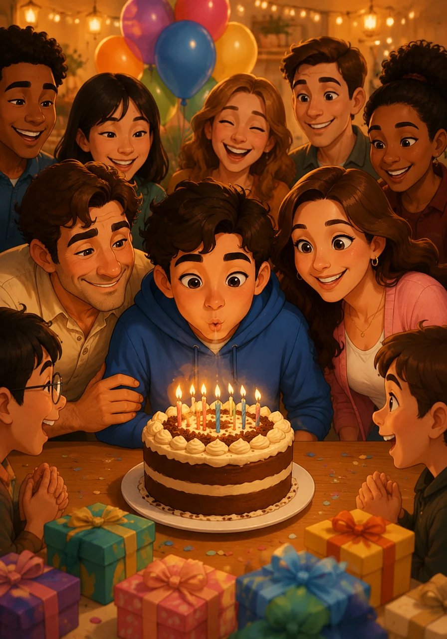 Lors de sa fête d'anniversaire pour ses seize ans, Léo est entouré de sa famille adoptive aimante et d'un grand groupe d'amis rieurs et joyeux, soufflant joyeusement les bougies sur un magnifique gâteau fait maison. L'ambiance est festive et chaleureuse, remplie de ballons colorés, de cadeaux et de conversations animées, soulignant le sentiment d'appartenance et d'acceptation qu'il a trouvé.