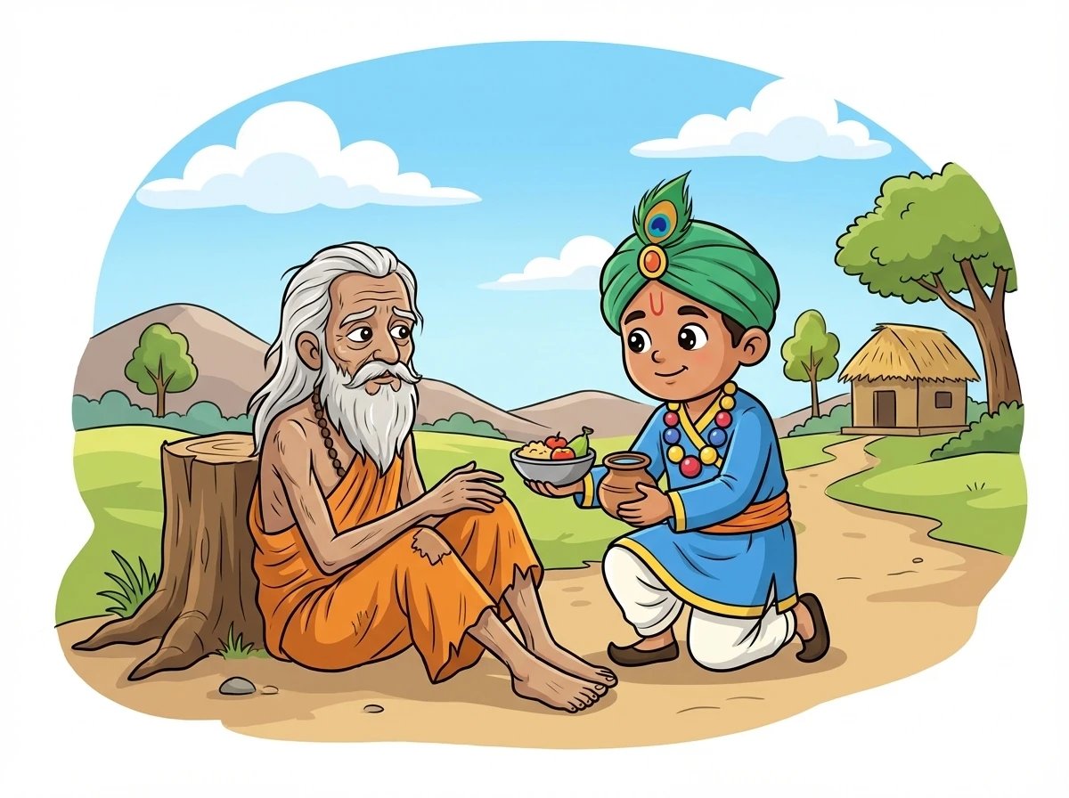 एक दिन, धर्मवीर ने गाँव के बाहर एक तपस्वी को देखा। तपस्वी बहुत कमजोर और बीमार लग रहे थे। धर्मवीर ने तपस्वी की सेवा करने का फैसला किया। उसने तपस्वी को भोजन दिया और उसकी देखभाल की।