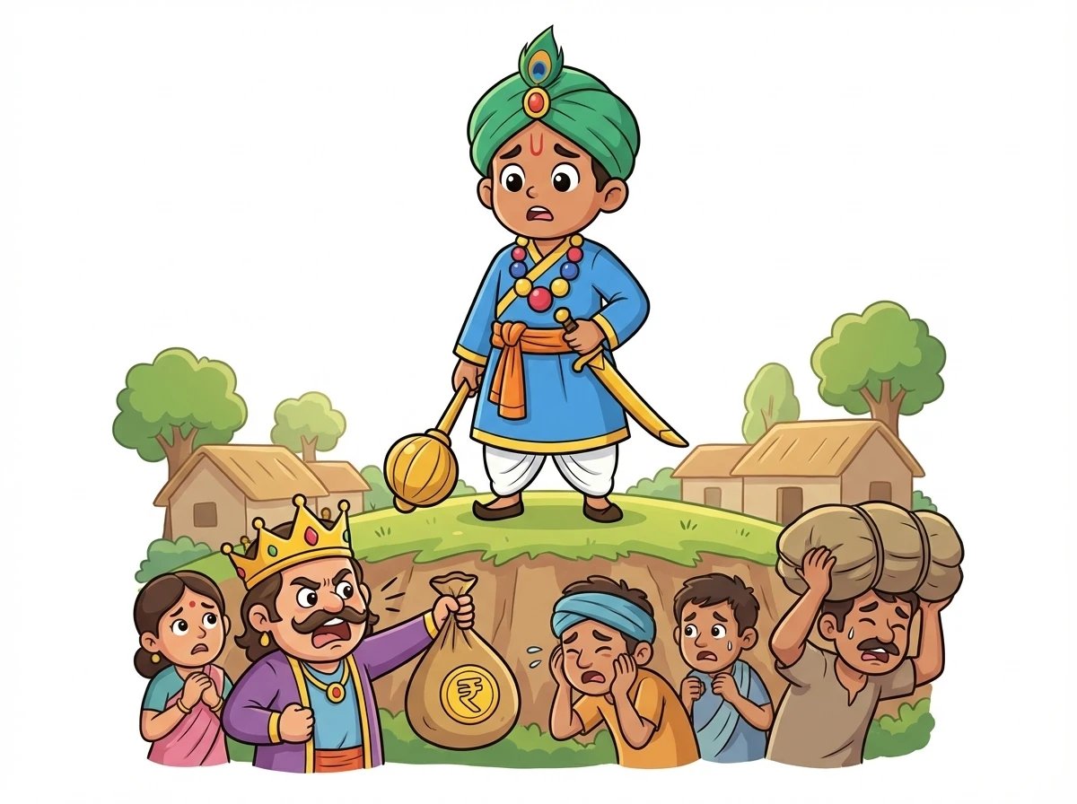 धर्मवीर ने तलवार ली और गाँव वापस चला गया। गाँव में, उसने देखा कि एक दुष्ट राजा गाँव वालों को परेशान कर रहा है। राजा उनसे भारी कर वसूल रहा था और उन्हें गुलाम बना रहा था।