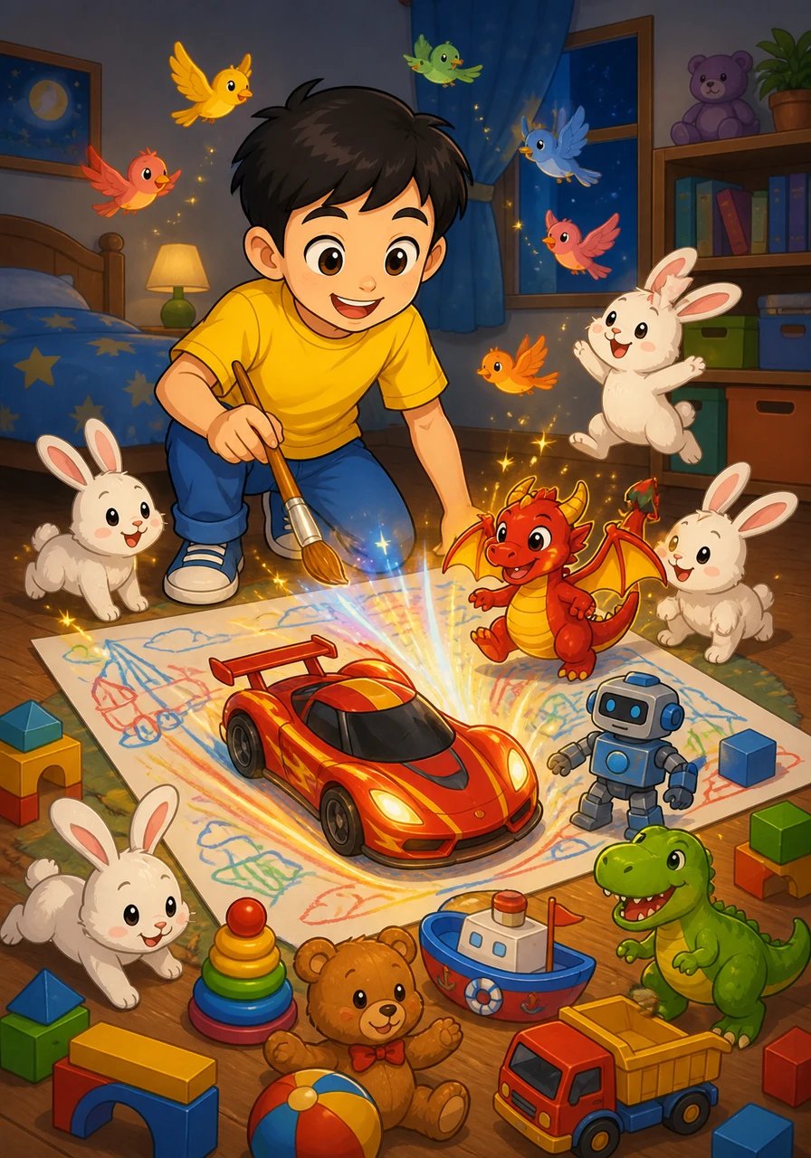 尝到甜头的小宇兴奋不已,铺开大画纸,一气呵成画下了炫酷的遥控赛车和成堆的精美玩具。随着画笔划过,一件件玩具破纸而出、散落一地,但小宇很快发现,自己随手画下的几只小兔子和小飞鸟居然开始在房间里活蹦乱跳起来。