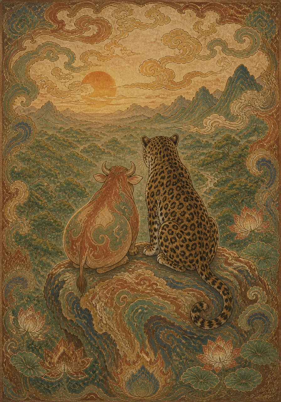 傍晚时分,夕阳将丛林染成了金黄色。小壮和包包并肩坐在一个高高的岩石上,眺望着远方连绵不断的树冠。在这个宁静的时刻,尽管它们一个是食草动物,一个是食肉动物,但它们的心却紧紧相连,共同享受着这份超越种族的平静。