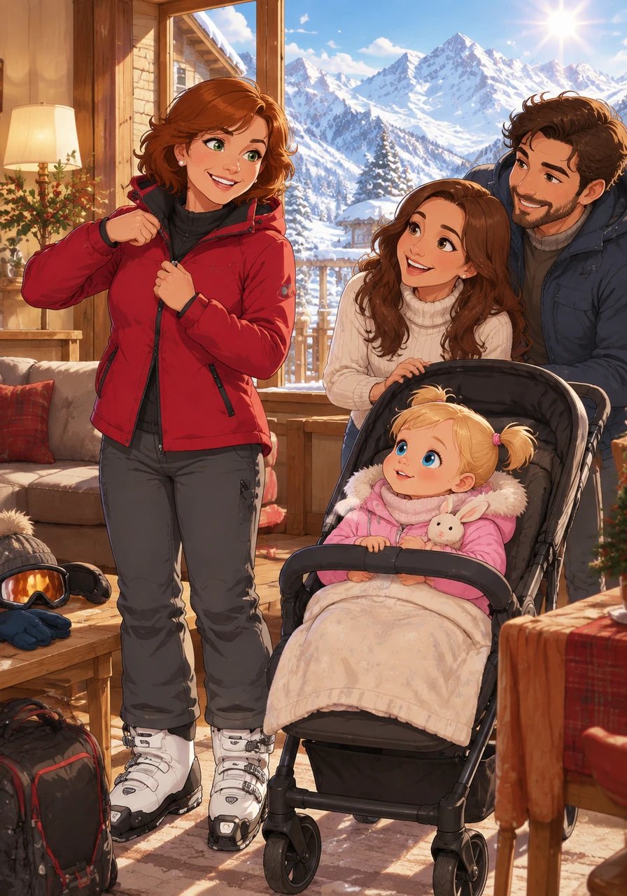 At the cozy Hotel Castor in Champoluc, Vovó Carla puts on her bright red ski jacket, dark grey pants, and white ski boots. Little Thea sits warmly tucked in her stroller with tiny blonde ponytails, watching with curious blue eyes while Mum Lucy and Dad Francisco smile nearby. Outside, the snowy slopes of Val d'Ayas shine in the morning sun.